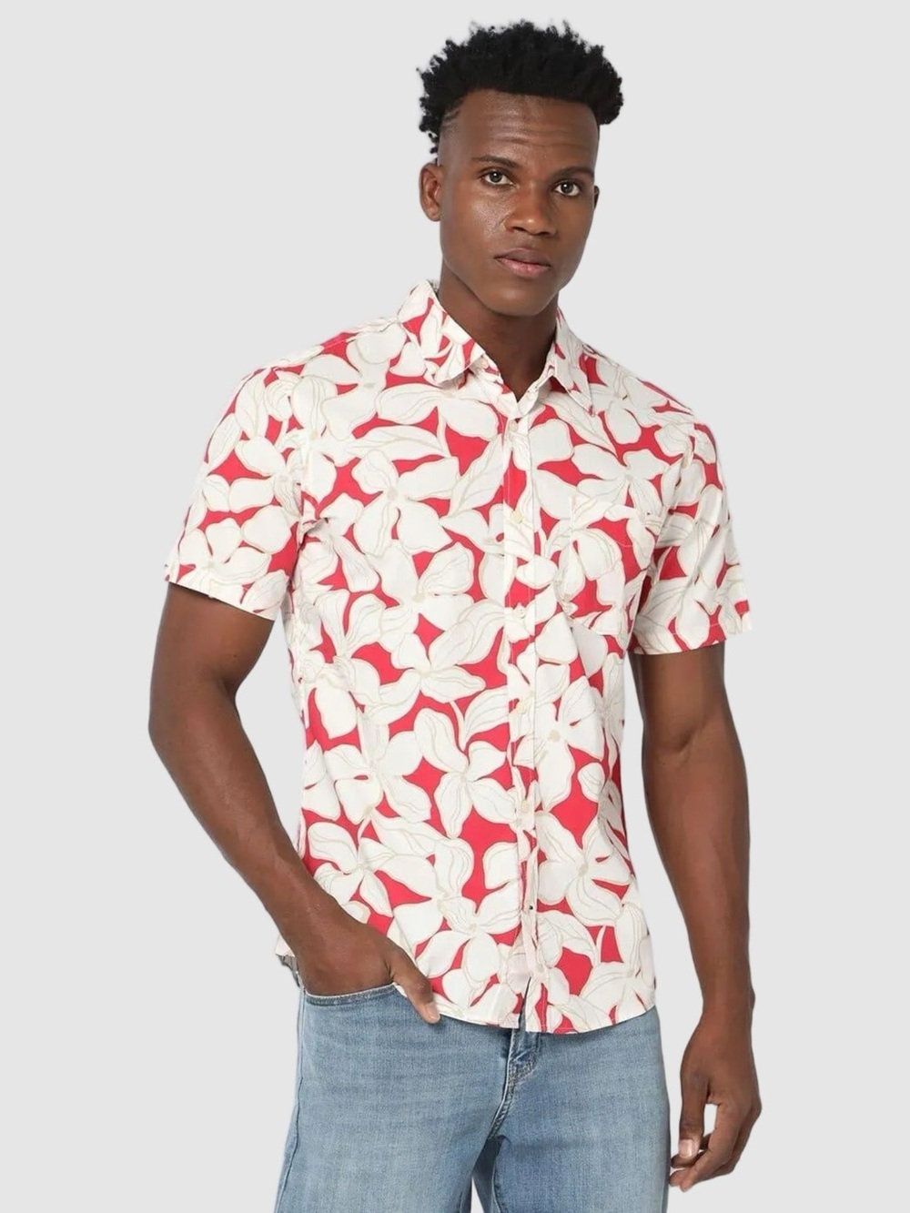 GAP Sz L Slim Fit Floral Hawaiian Cotton Button-Up Casual Shirt Summer Tropical